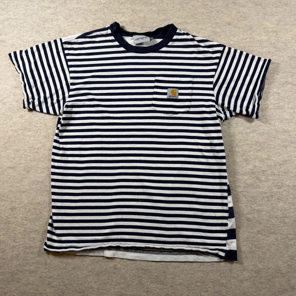 Carhartt WIP Mens Barkley Striped Pocket T-Shirt Navy White S Retro Streetwear